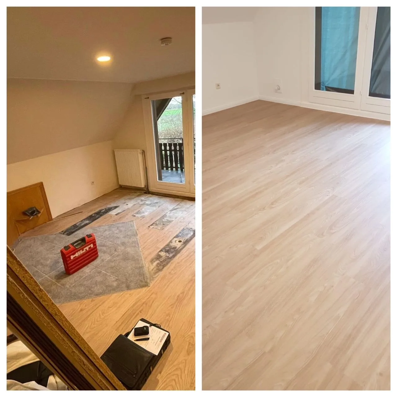 Dachzimmer: links aufgerissener Bodenaufbau während der Sanierung, rechts der fertige Raum mit neuem Boden