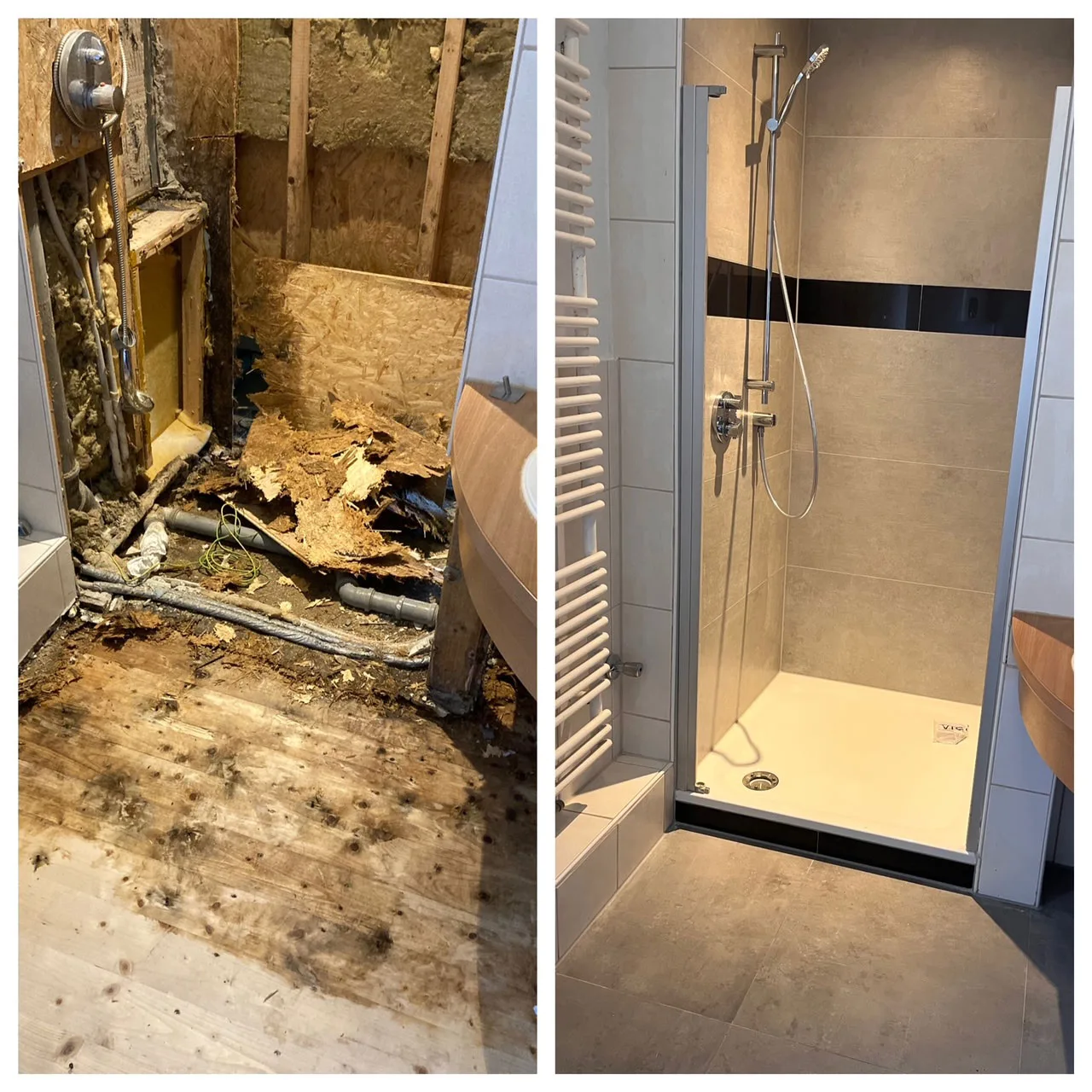Badezimmer: links freigelegte Wand mit Schimmelbefall und verfaulten Dielen, rechts die fertig geflieste Dusche