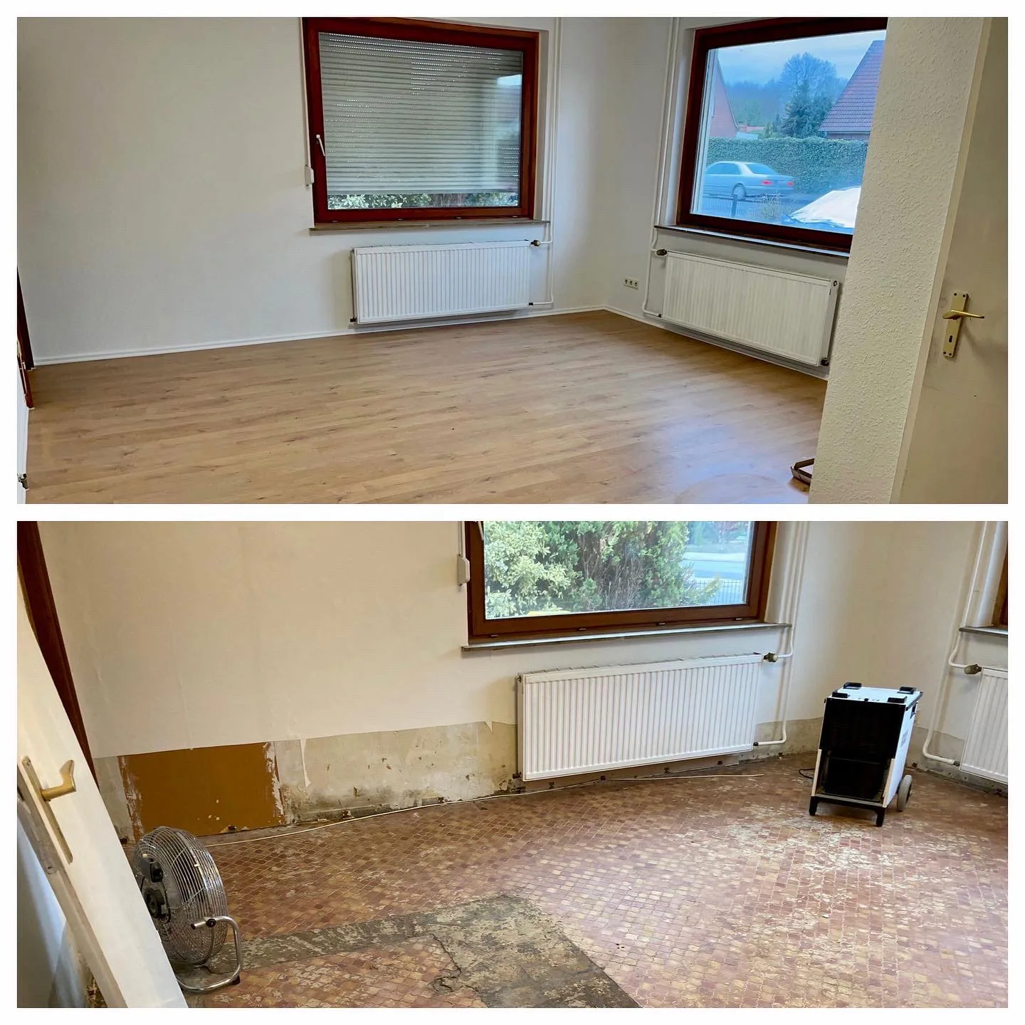 Wohnraum: oben der fertige Raum, unten der Schadenszustand mit Trocknungsgerät und Ventilator